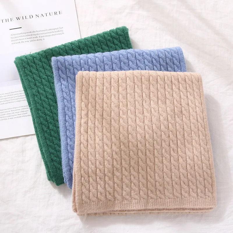 Beige Green Winter Thick Warm Knit Children's Scarf Korean Twist Short Ladies Blue Scarves Beige Khaki Green Gray Foulard Femme