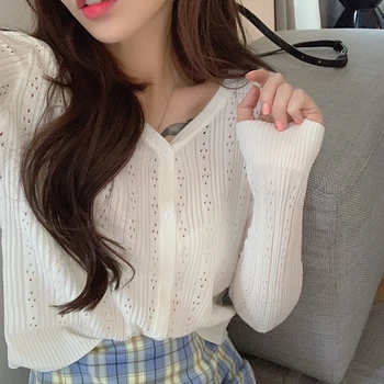 

COIGARSAM Full Sleeve blouse women Knitting Hollow Out blusas womens tops and blouses White Blue Cardigan 1126