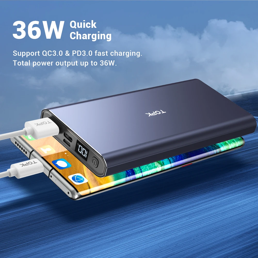 TOPK Power Bank USB Led Display 10000mAh PD QC3.0 Fast Charging Portable External Charger Battery for Xiaomi forMi 9 foriPhone TOPK Power Bank USB Led Display 10000mAh PD QC3.0 Fast Charging Portable External Charger Battery for Xiaomi forMi 9 foriPhone