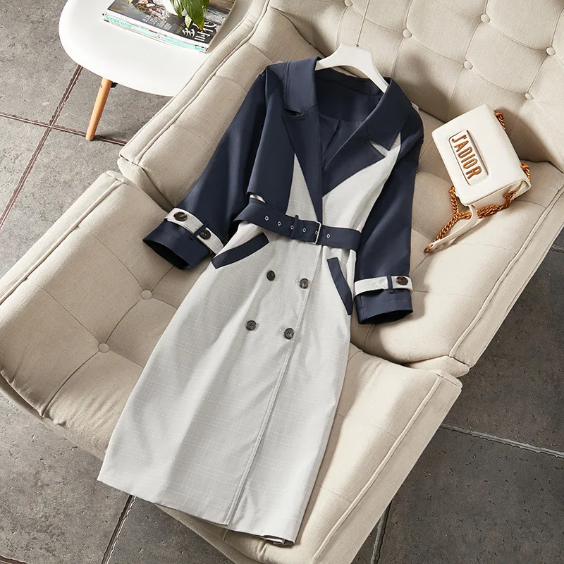 

2019 Modis Autumn Winter Women's Europe Contrast Casual Windbreaker Female Large Size Double Button Long Section Trench Coats