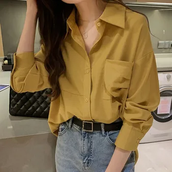 

2019 Women Autumn Pockets Blouse Korean Fashion Loose Solid Color Long Sleeve Shirts Yellow 2XL Femme Blouses