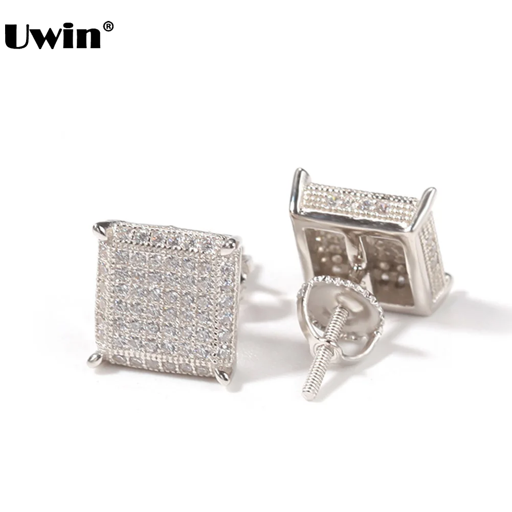 

Uwin Hip Hop Earrings Gold/Silver Color Iced Out Micro Pave CZ Stone Square Earring Lab D Stud Earring With Screw Back