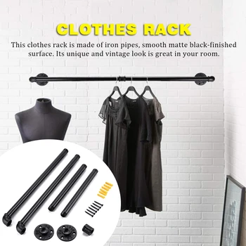 

Home Space Saving Easy Install Bedroom Wall Mounted Iron Detachable Garment Clothes Rack 2 Base Rustic Black Industrial Pipe