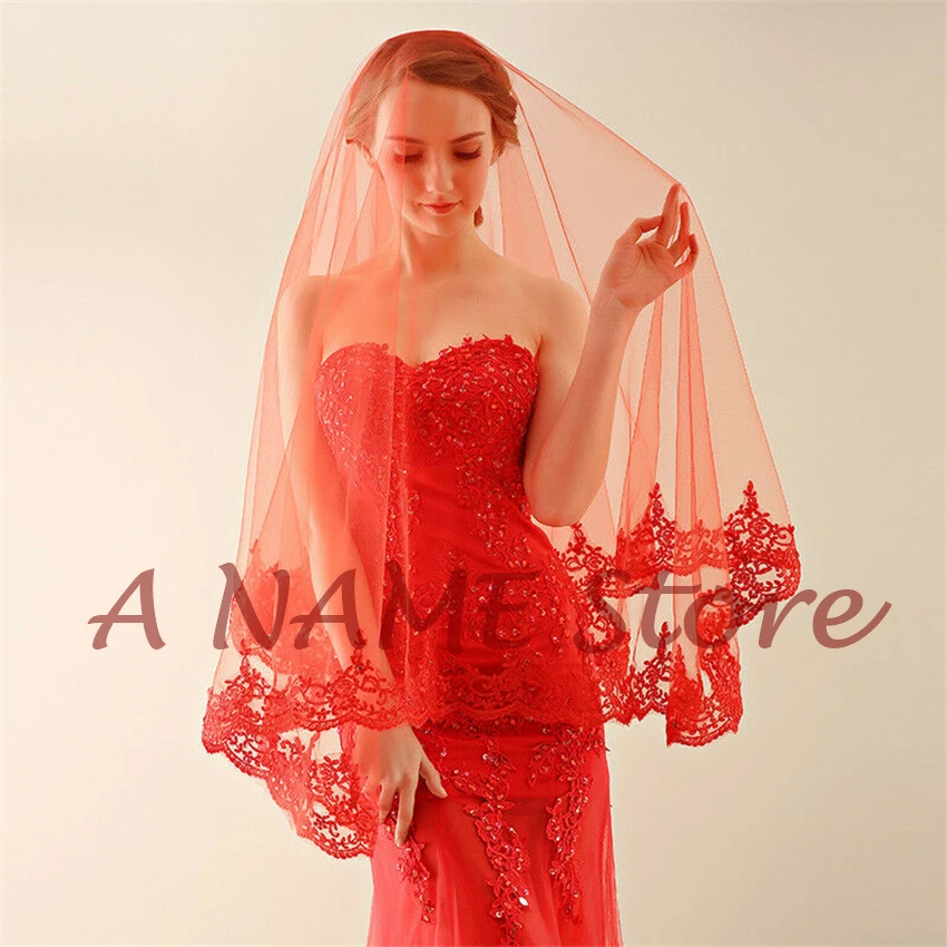 

2 Layers Short Red Tulle Appliques Edge Bridal Wedding Veils for Bride with Comb Voile de Mariage Velo de novia Rouge Courte