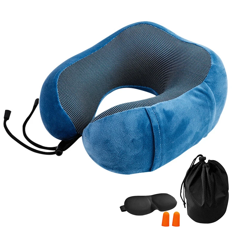 Подушка u-образной формы для путешествий с эффектом памяти, массажные подушки для шеи, постельные принадлежности, комплект для путешествий с 3D масками для глаз, беруши, роскошная сумка - Цвет: Royal Blue1