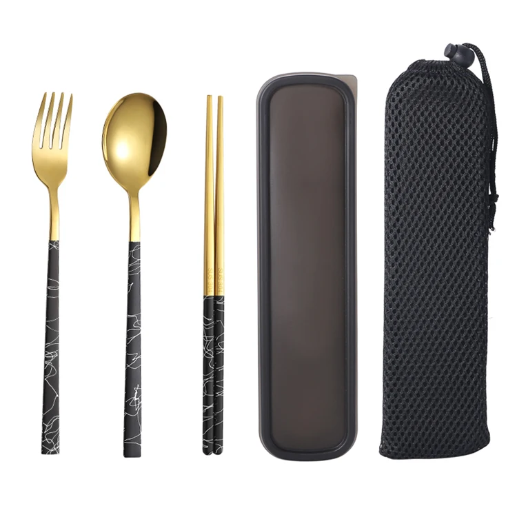 Stainless Steel Portable Chopsticks Spoon Fork Set Gold Plated Cutlery dinnerwareVajillas Completas Tableware EE6DC | Дом и сад