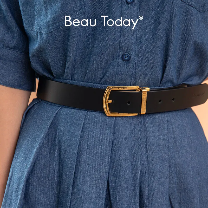 

Женский ремень из натуральной коровьей кожи BeauToday, дизайнерское джинсовое платье золотистого цвета с пряжкой и узким поясом ручной работы, 91003