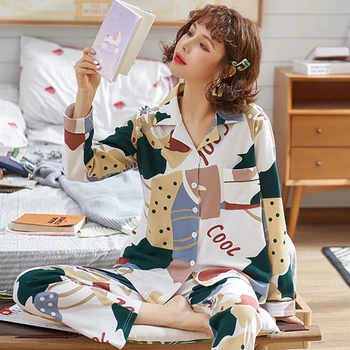 

Women Autumn Sleepwear Wave Dots Print Checkered Pajamas Long Sleeved Female Tops + Women's Long Pants Two pieces Sets