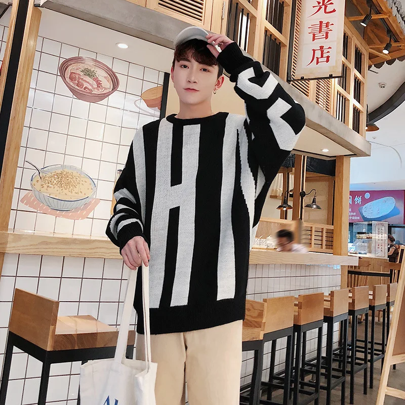 Winter Thicken Sweater Men Warm Fashion Letters Casual Knit Pullover Men Sweter Clothes Wild Loose Long-sleeved Sweater Man - Цвет: black and white