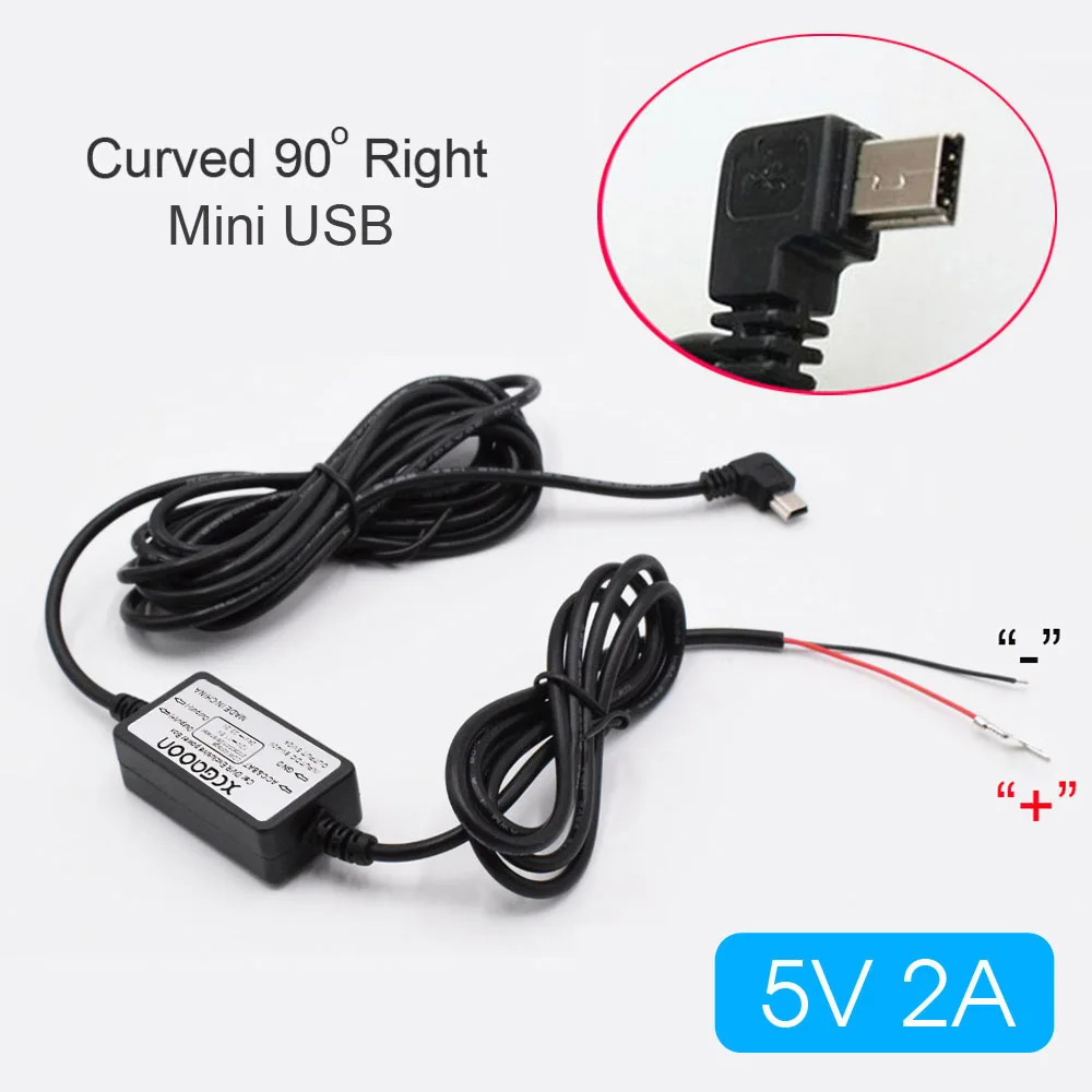 XCGaoon DC 12 В до 5 В 2 а 3,5 м автомобильный зарядный кабель мини/микро USB жесткий провод шнур автоматическая зарядка для видеорегистратора автомобиля DVR - Название цвета: Mini Curved Right