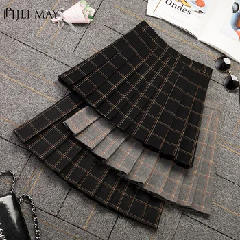

JLI MAY Casual High Waist Pleated Skirts Autumn Winter Elastic A-line Woolen Plaid Empire Mini Preppy Style Harajuku Short Skirt