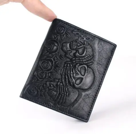 Vertical black Punk Style Rose Ghost Head Embossed Wallet for Men Gothic Black Leather Wallet Short Vintage Skull Men's Wallet Purse - Цвет: Vertical black