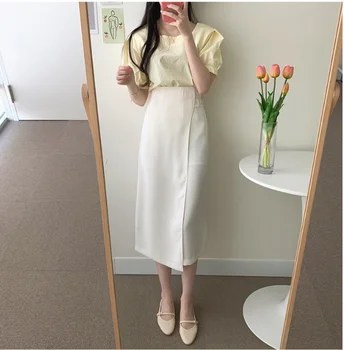 

new S-XL Spring 2 piece suit shourt sleeve summer Girls blouse Vintage Women Female solid long skirt suits Robe sold separately