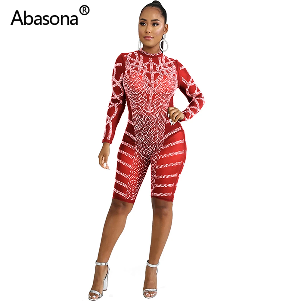 Красный Abasona, осень, для женщин, зима, длинный рукав, бриллианты, стразы, Ретро стиль, сексуальный, бодикон, прозрачная сетка, обтягивающие, вечерние, для ночного клуба, комбинезоны - Цвет: Красный