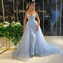 

LORIE Sky Blue Tulle Long Evening Party Dress Sleeveless V-neck Spaghetti Straps Formal Robes De Soirée Robe De Soirée Femme