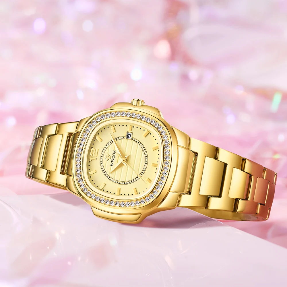 WWOOR Fashion Women Watches Gold Luxury Ladies Dress Bracelet Watches Stainless Steel Waterproof Date Female Quartz Wristwatch