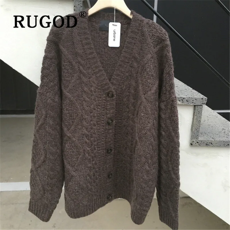 RUGOD, корейский Зимний теплый твист свитер, кардиганы для женщин, v-образный вырез, однобортный, негабаритный трикотаж, модное женское шикарное пальто