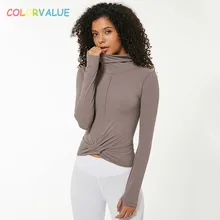 Цветные облегающие спортивные футболки с длинным рукавом, женские топы с высоким воротником для фитнеса и йоги с отверстием для большого пальца