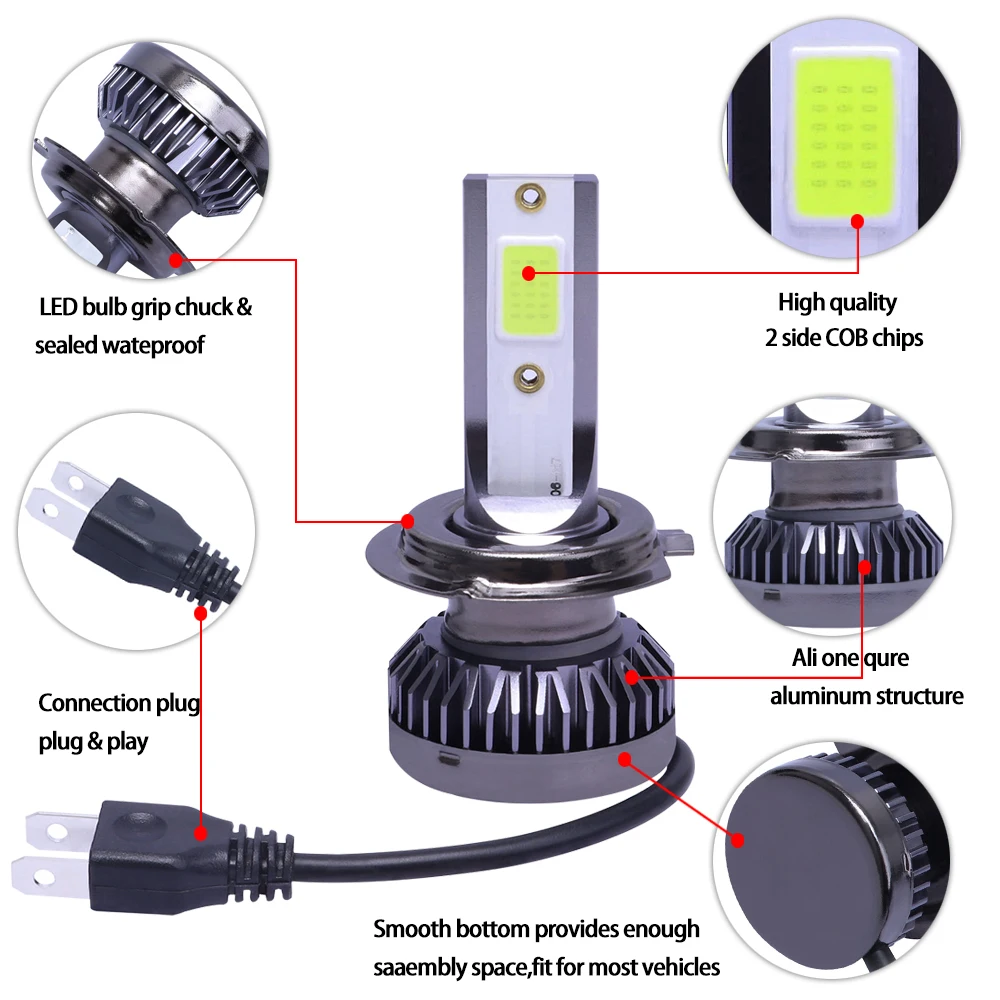 Super Car LED Headlight 3000K 6000K 8000K LEDH1 H3 H4 H7 H8 H9 H11 9005 9006 12000lm/pair Auto Lamp LED H7 Bulbs