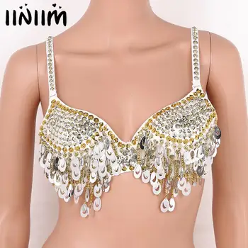 

Womens Femme Sparkly Beaded Tassels Dance Wear Straps Push up Underwired Bra Top Rave Dance Pole Clubwear Belly Dancing Costume