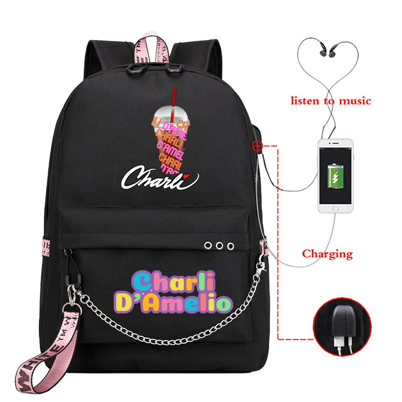 

2020 Charli Damelio Backpack Kid Girls Schoolbag Girls Student Bookbag Children Knapsack Women Usb Charging Travel Rucksack Gift