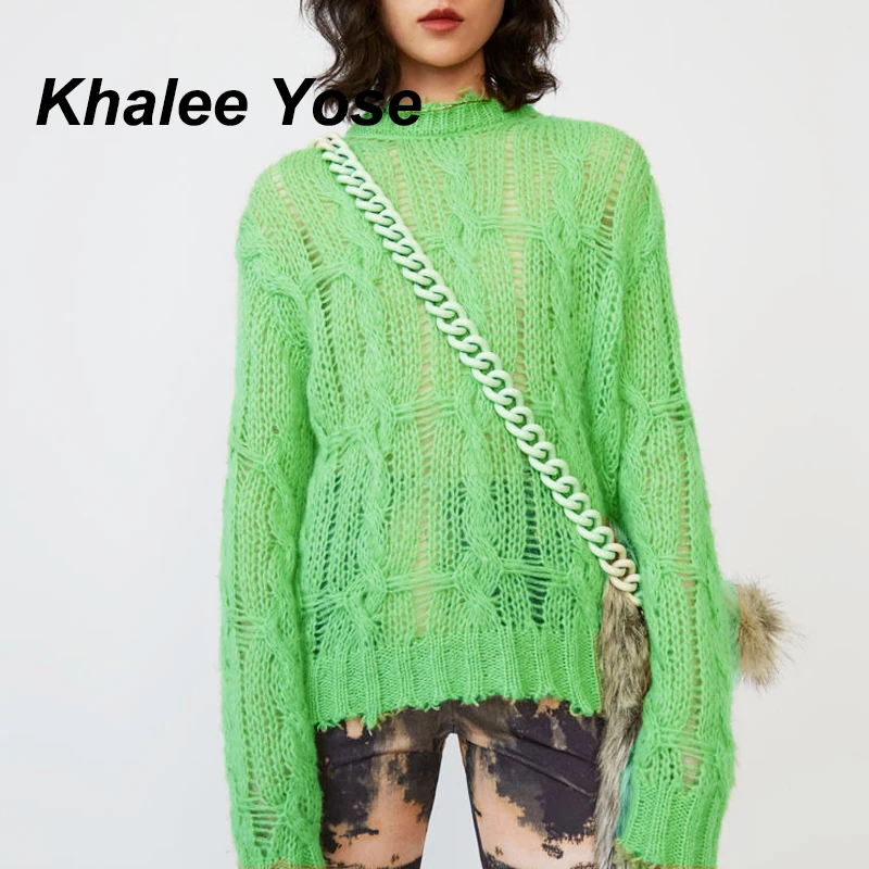 

KHALEE YOSE Cable Knit Sweater Pullover Women 2019 Autumn Long Sleeve Sweaters O-neck Oversized Hollow Out Sexy Sweater Jumper