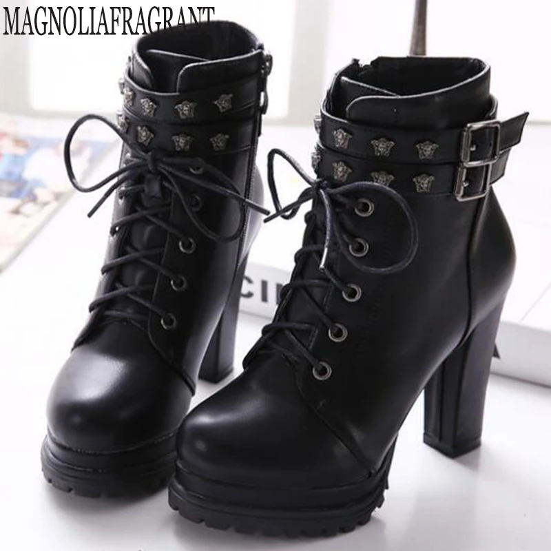 

fashion fall/winter new rivet short boots platform winter boots women rivet belt buckle Lace-up high heels women's boots y513