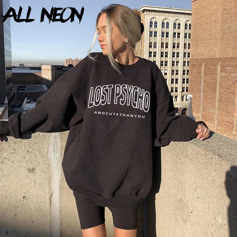 

ALLNeon E-girl Letter Printing Front Oversized Sweatshirts Y2K Fashion Punk Style Crewneck Long Sleeve Long Black Top Streetwear