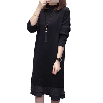 

Turtleneck Long Sleeve Knitted Sweater Dress Women Winter Loose Casual Warm Clothes Solid Dresses Pullovers Lace Plus Size 4xL