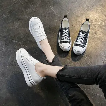 

Spring genuine leather running shoes Korean version of the wild thick bottom shallow mouth lace casual sneakers for women ZP-123