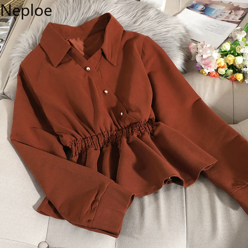 Neploe, элегантные оборки, складки, Blusas, осень-весна, новинка, косая пуговица, дизайн, Тонкая блузка, тонкая талия, разноцветная рубашка, 48330