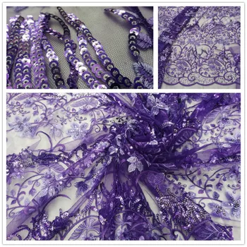

Purple Silk mesh embroidery Lace Fabric bright tassel embroidery sequined flower DIY Cloth fabric For Sewing Dress cheongsam