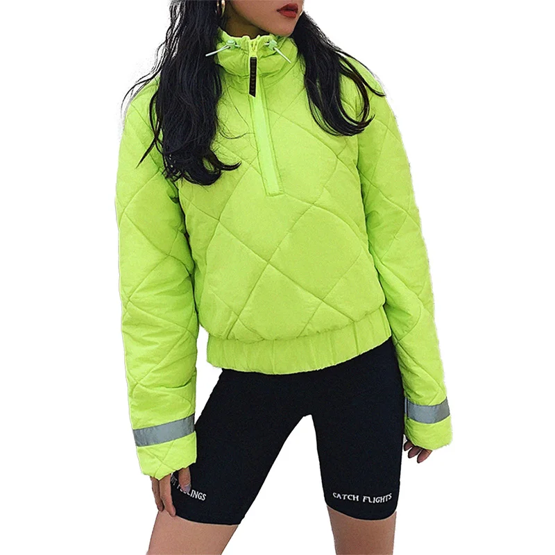 

Casual Short Parkas Autumn Winter Women Clothing Fluorescent Color Fashion Loose Argyle Zipper Thin Warm Padded Pullover Coats