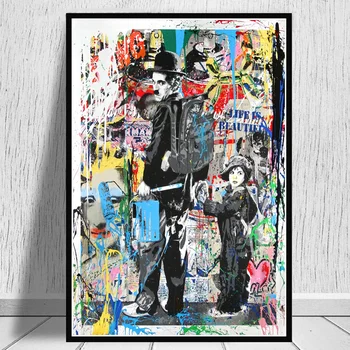 

Modern Graffiti Art Canvas Painting Colorful Charlie Chaplin With Boy Prints And Poster Oil Painting Decoration For Living Room