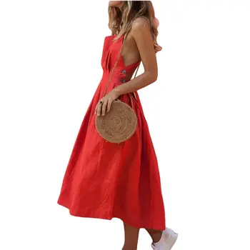 

Women Ladies Sleeveless Backless Bow Tie Boat Neck Button Pocket Backless Holiday Summer Beach Midi Dress Sundress L9BE