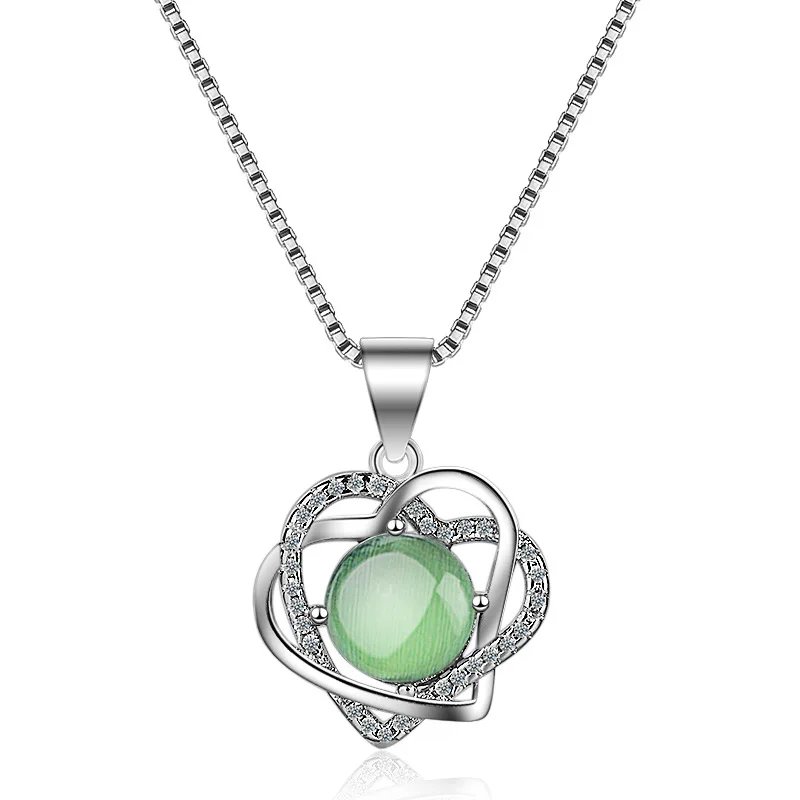 100% 925 Sterling Silver Trendy Green Opal Stone Flower Heart Ladies Pendant Necklaces Jewelry Women Short Box Chain Never Fade | Украшения