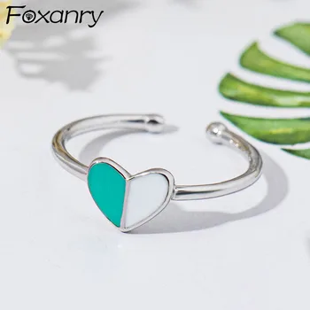 

Foxanry Ins Fashion 925 Sterling Silver Sweet Rings for Women Couples Creative Drop Glaze LOVE Heart Summer Finger Jewelry Gifts