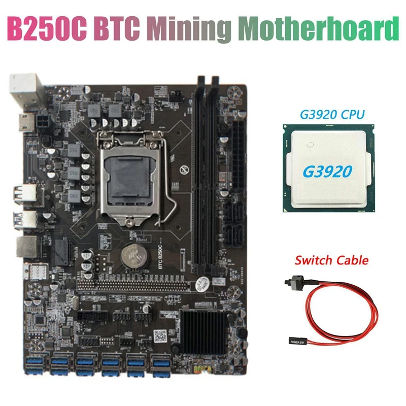 Материнская плата B250C для майнинга BTC с ЦП G3920 или G3930 + кабель переключения 12xpcie на