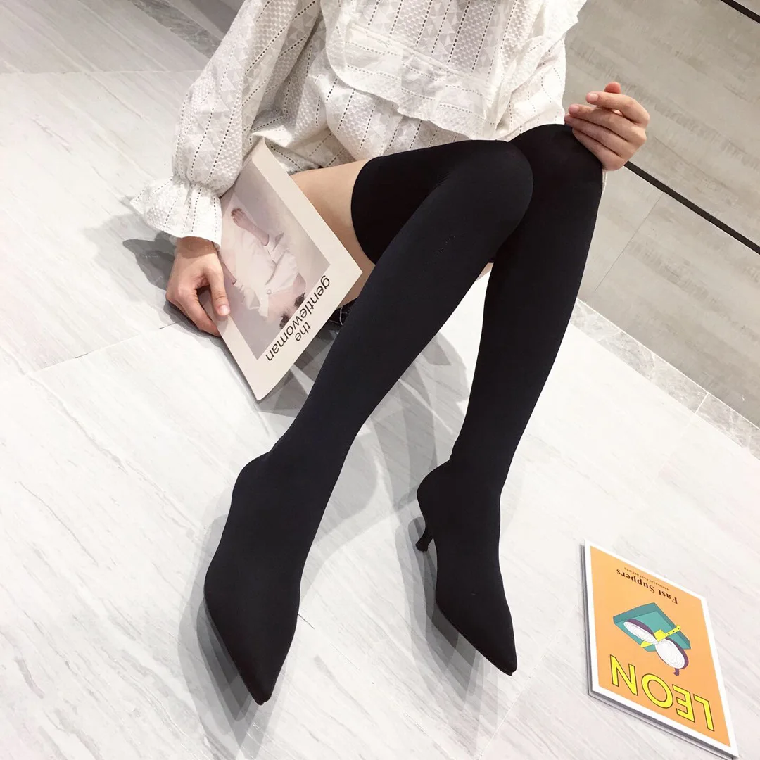 HOKSZVY Women Sexy Knee High Boots Pointed High Heels Elastic Knee-length Boots Silk Socks Boots CWF-V100