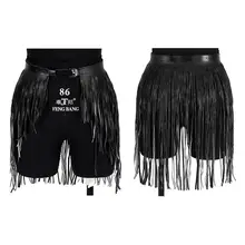Женская кожаная юбка с кисточками и ремнем, черное готическое платье на подтяжках в стиле панк, для танцев в ночных клубах