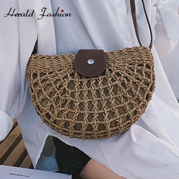 

New Straw Bag 2020 Women Hand-Woven Hollow Handbag Moon Shape Rattan Bag Big Capacity Drawstring Handbag Casual Travel Beach Bag