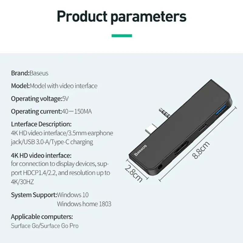 Baseus USB3.0 концентратор для поверхности Go type-C аудио к RJ45 Сплиттер USB3.0-A type-C аудио адаптер для microsoft Surface