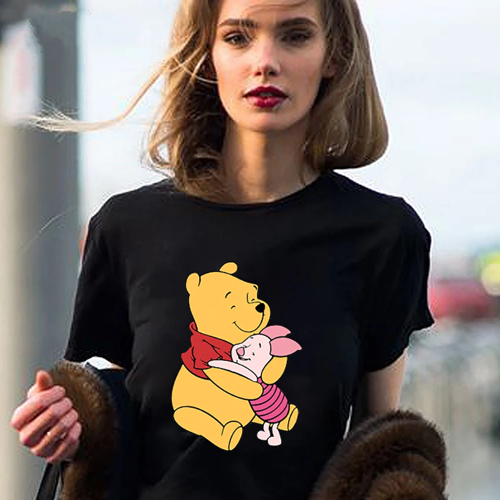 Camiseta de Winnie the Pooh para niñas, ropa de moda juvenil de dibujos de verano negra, camisetas con estampado bonito de Disney para mujer, novedades de - AliExpress