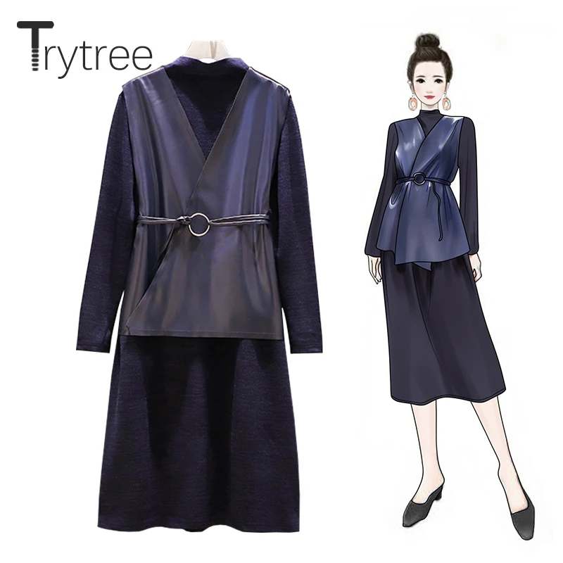 Trytree Осень Зима Женский комплект из двух частей Повседневный однотонный пояс жилет+ платье водолазка трикотажный комплект до колен комплект из 2 предметов