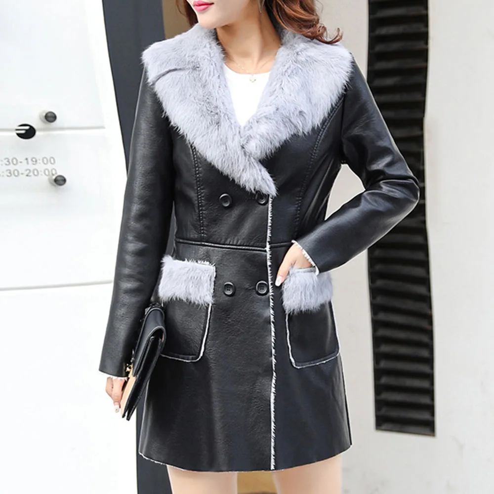 Женская куртка из искусственной кожи зимнее флисовое теплое пальто в Корейском