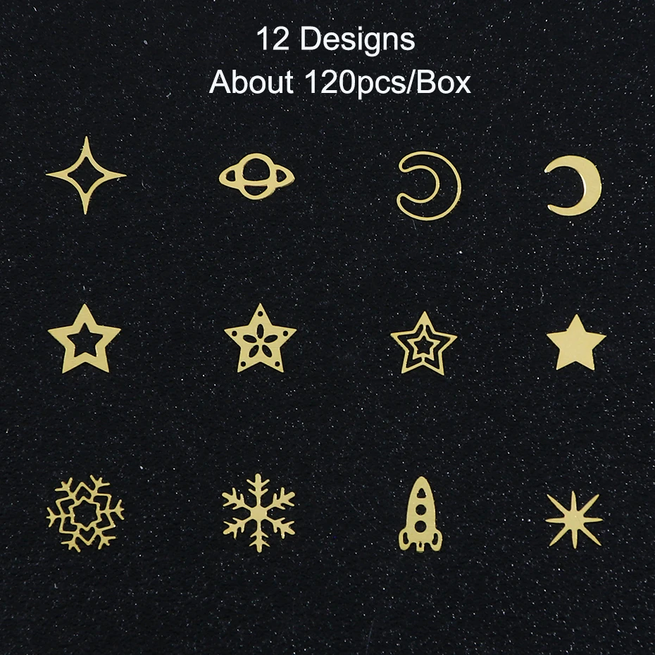 120pcsbox 3D Alloy Flakes Nail Art Decorations Gold Star Moon Snowflake Metallic Sequins Paillete Manicure Accessories BE970-C (3)