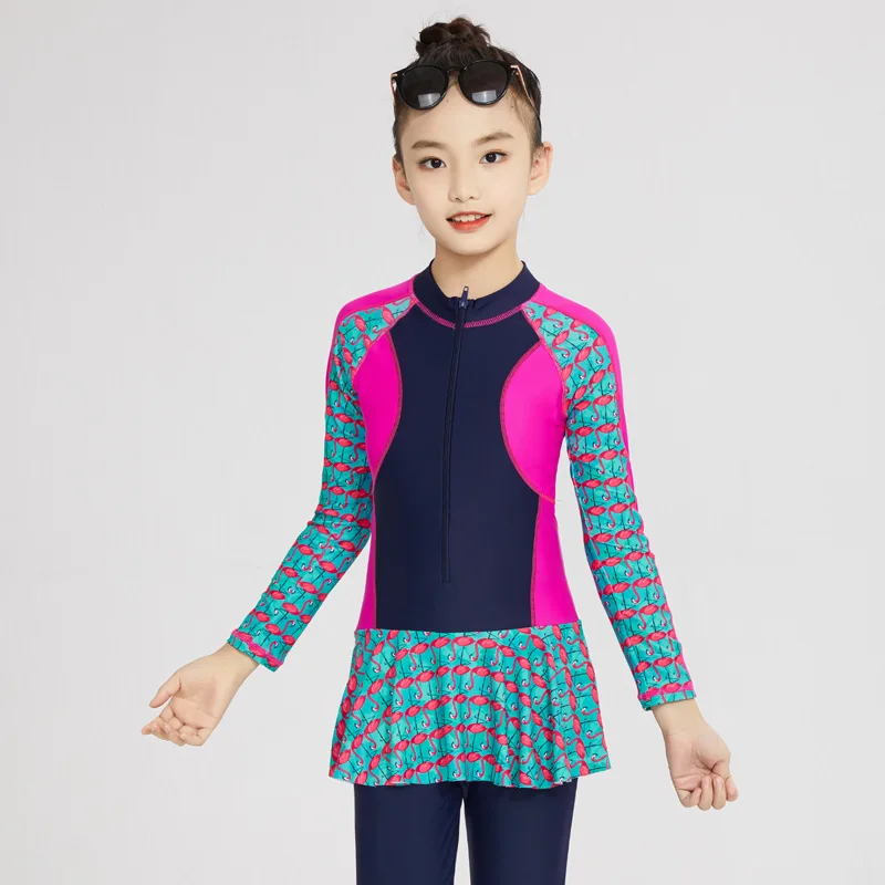 Conservative Muslim Swimsuit For Girls Front Zipper Modest Swimwear Swimming Suit Children Long Sleeve Borkini Mujer Islamico