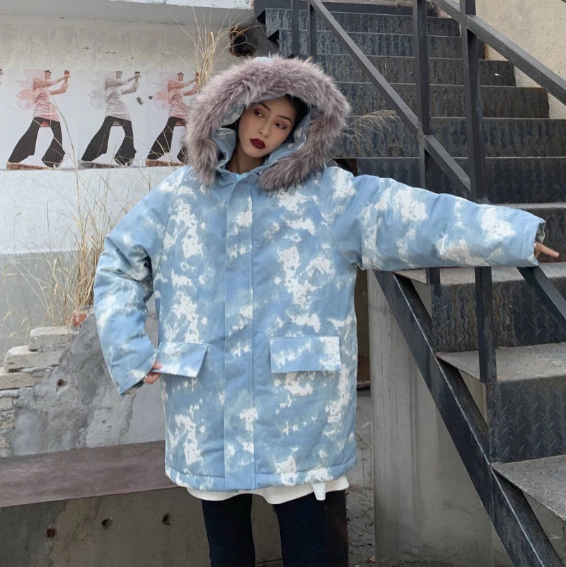 Корейская ins Harajuku винтажная BF Свободная куртка с капюшоном женская зимняя новая утолщенная камуфляжная Повседневная модная шикарная Женская куртка