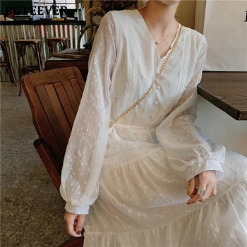 

BGTEEVER V-neck Polka Dot Women Chiffon Dress Lace Up Waist Full Sleeve Female Long Vestidos A-line White Dress Femme 2020