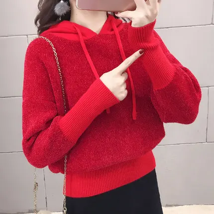 red С капюшоном трикотажная куртка женская осень зима новые кофты и толстовки Повседневный СВОБОДНЫЙ Модный пуловер верхняя блуза f1469 - Цвет: red